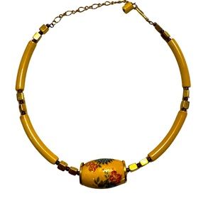 Cloisonné Inspired Wood & Beads Wire Chocker Necklace Costume Jewelry Japan
